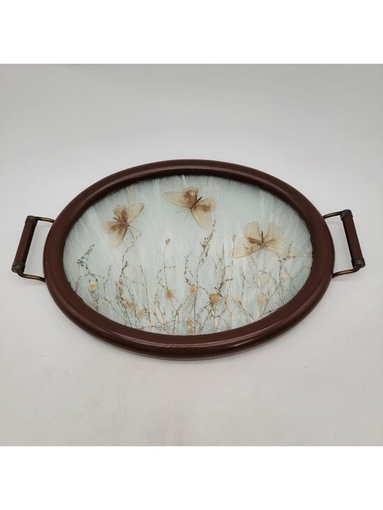 Other - Antique Victorian Pressed Flowers & Butterflies Oval Wood Serving Tray w/ Glass